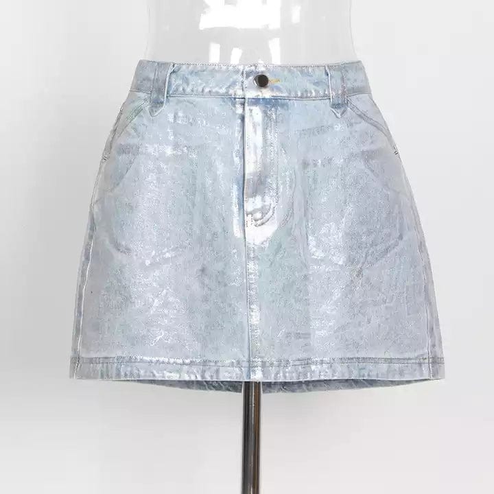 S / Blue Autumn streetwear silver printed y2k A line ladies jean skirts fashion sexy tight mini denim womens skirts