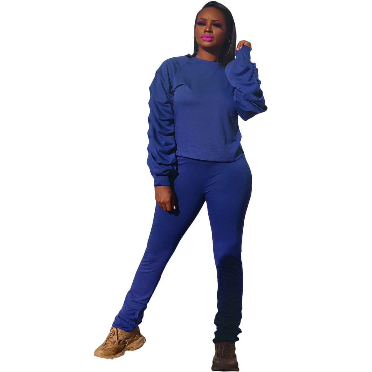 S / Blue C1102TA6 High Quality Casual Solid Color Pleated Two Piece Pants Set Women Sehe Fashion