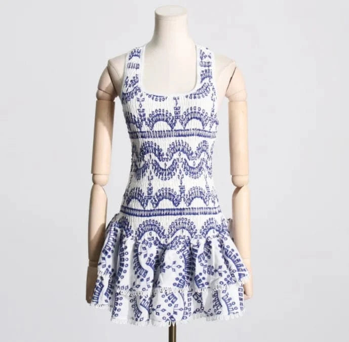 S / Blue CHICEVER Casual Embroidery Round Neck Sleeveless High Waist Women Elegant Dresses 2023