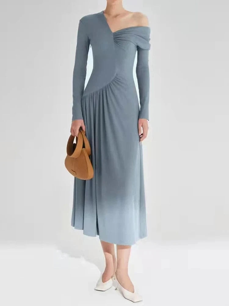 S / Blue CHICEVER Fashionable Slim Long Dresses Solid Color V Neck Long Sleeve Dress For Women