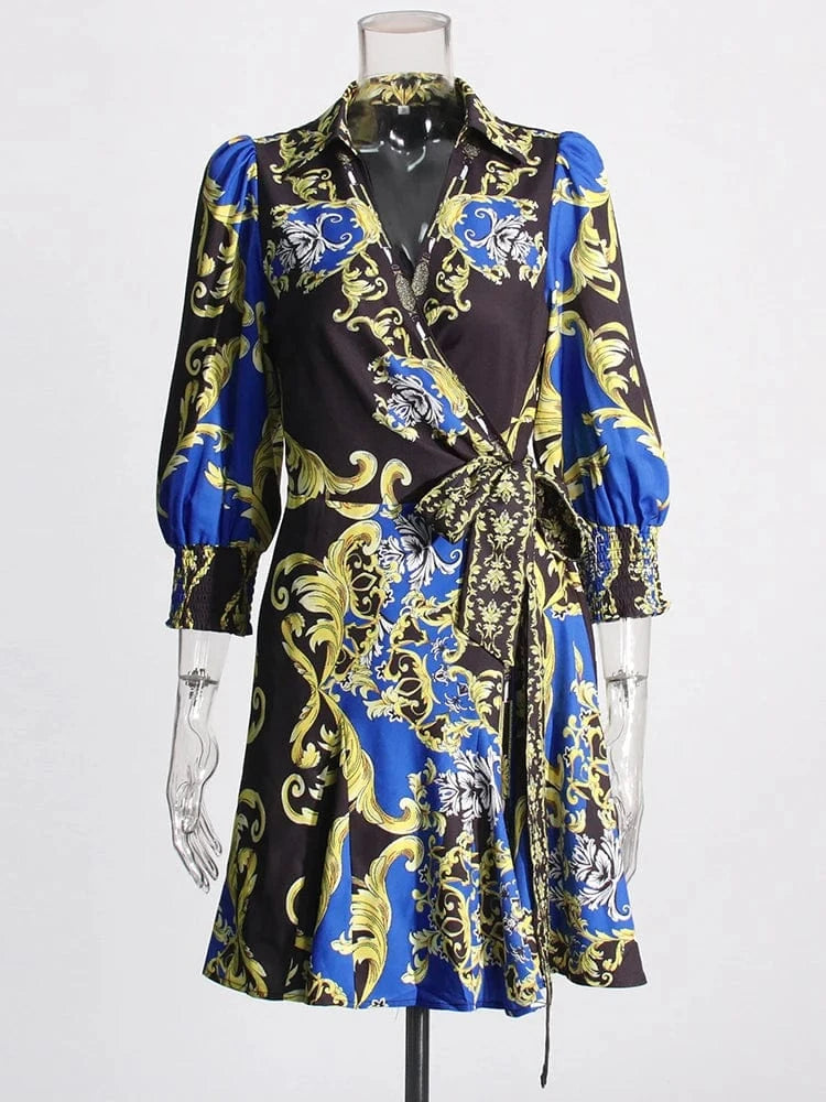 S / Blue CHICEVER Hit Color Printing High Waist V Neck Slim Dresses Women Long Sleeve Dress