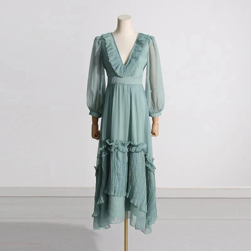 S / Blue CHICEVER Patchwork Ruffles Deep V Neck Lantern Sleeve High Waist Women Dresses Long Sleeve Women Long Dress