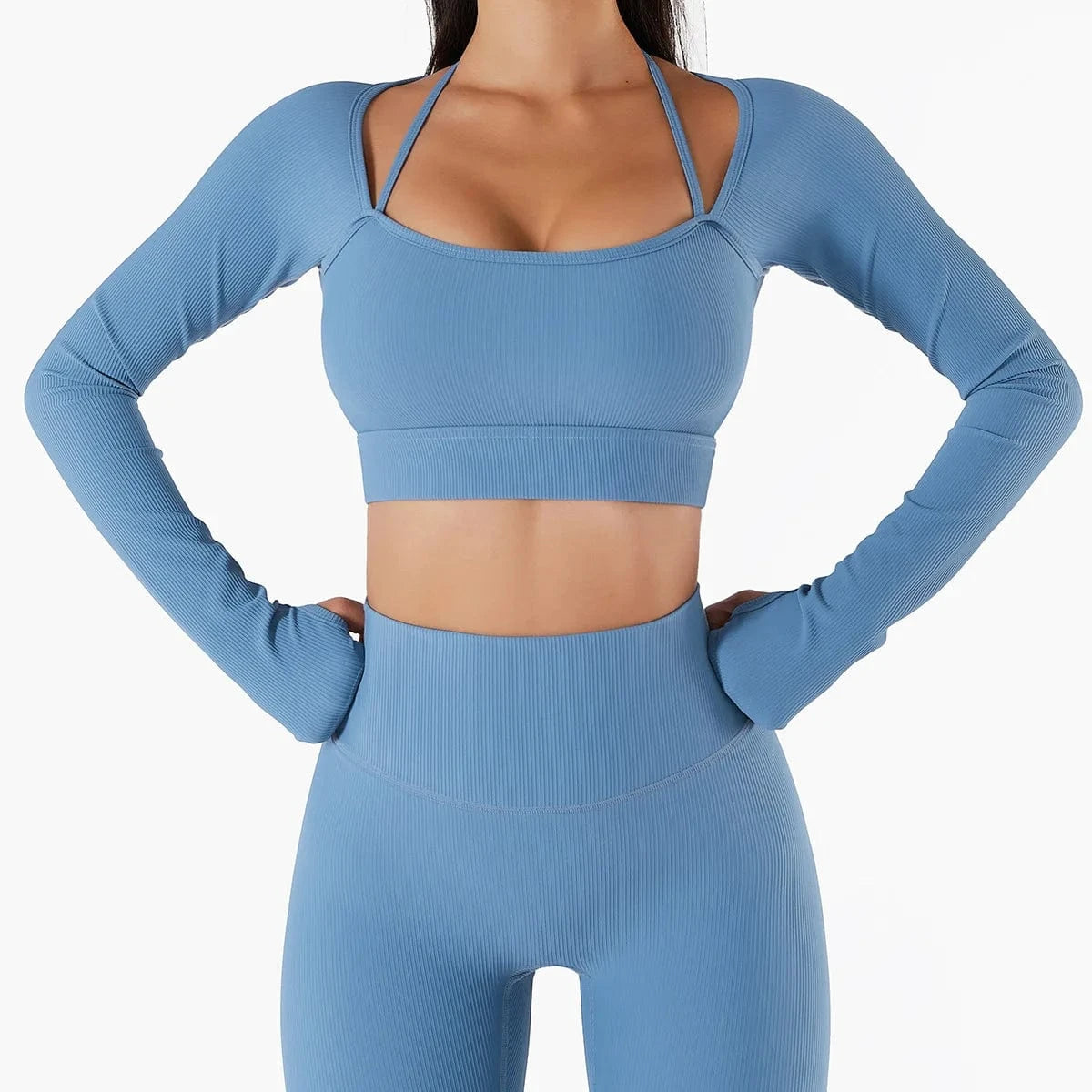 S / Blue Custom Long Sleeve Ribbed Yoga Set Two Piece Biker Shorts Fitness Workout Gym Set Seamless Active Wear for Women