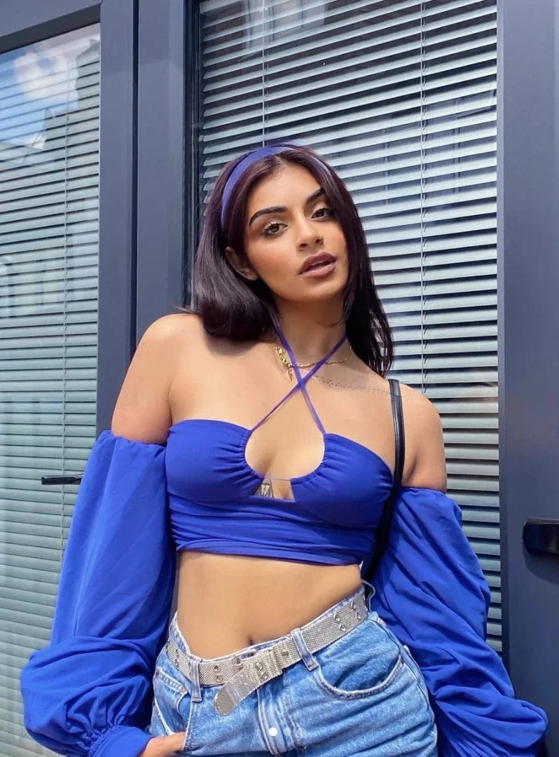 S / Blue D8520 Sexy long sleeve top women backless Mesh neck blouse