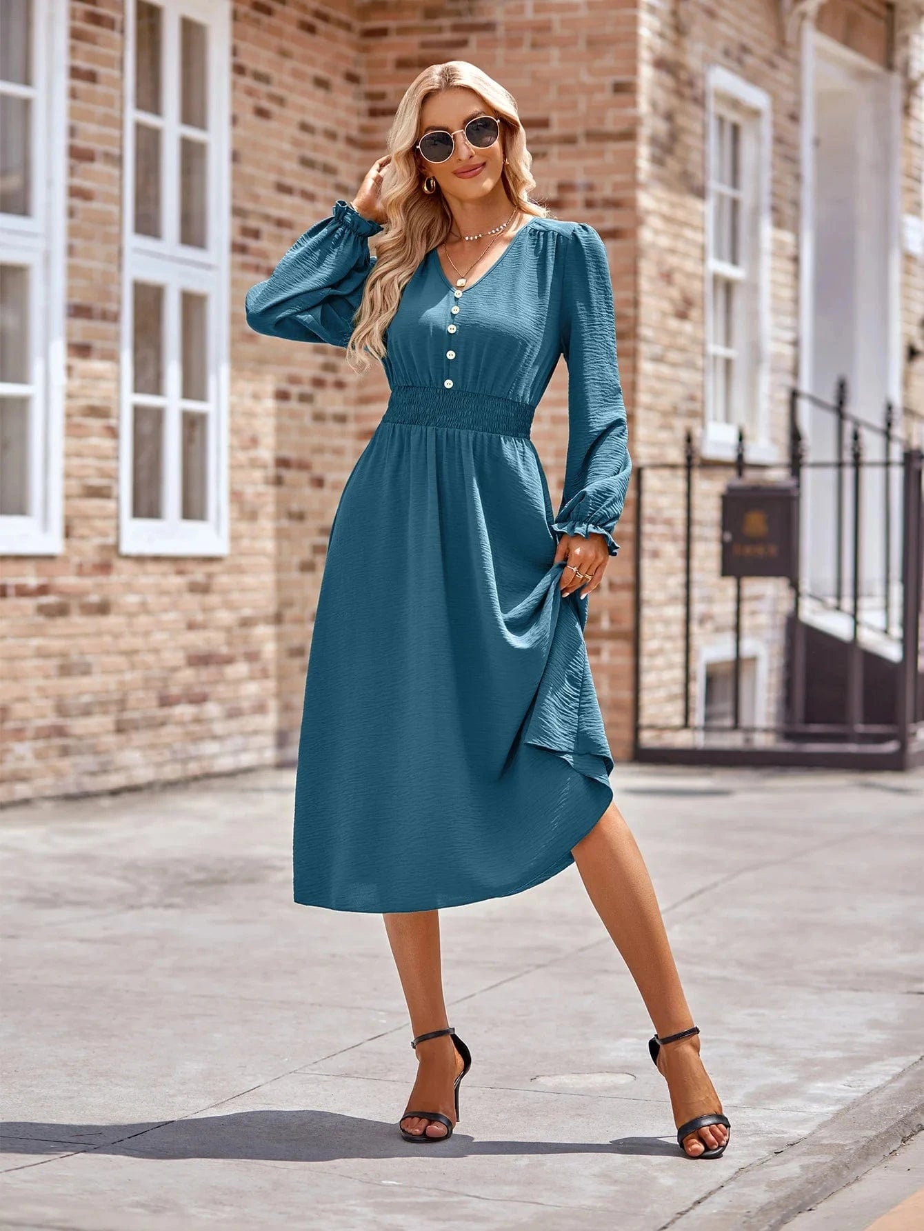 S / Blue European and American Autumn and Winter New women's V-neck waist-closed Solid color Mid-length dress