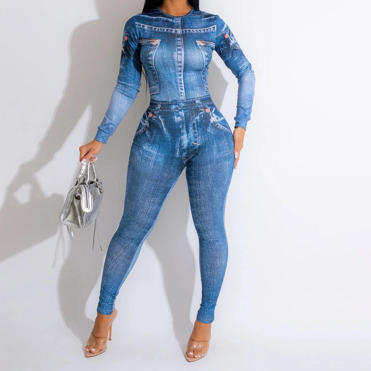 S / Blue Fall Style Long Sleeve Jumpsuit With Bodycon Legging Set Fashion Printed Two Piece Lounge Wear Women Sets
