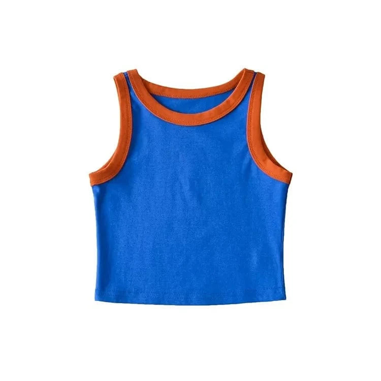 S / Blue Fashion Contrast Color 4 Color Wide Strap Crew Neck Sleeveless Pullover Cute Crop Top for Women