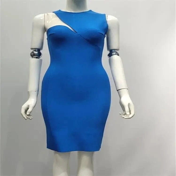 S / Blue Fashionable slanting o-neck net gauze thin charm bandage dress social evening dress 5 colors