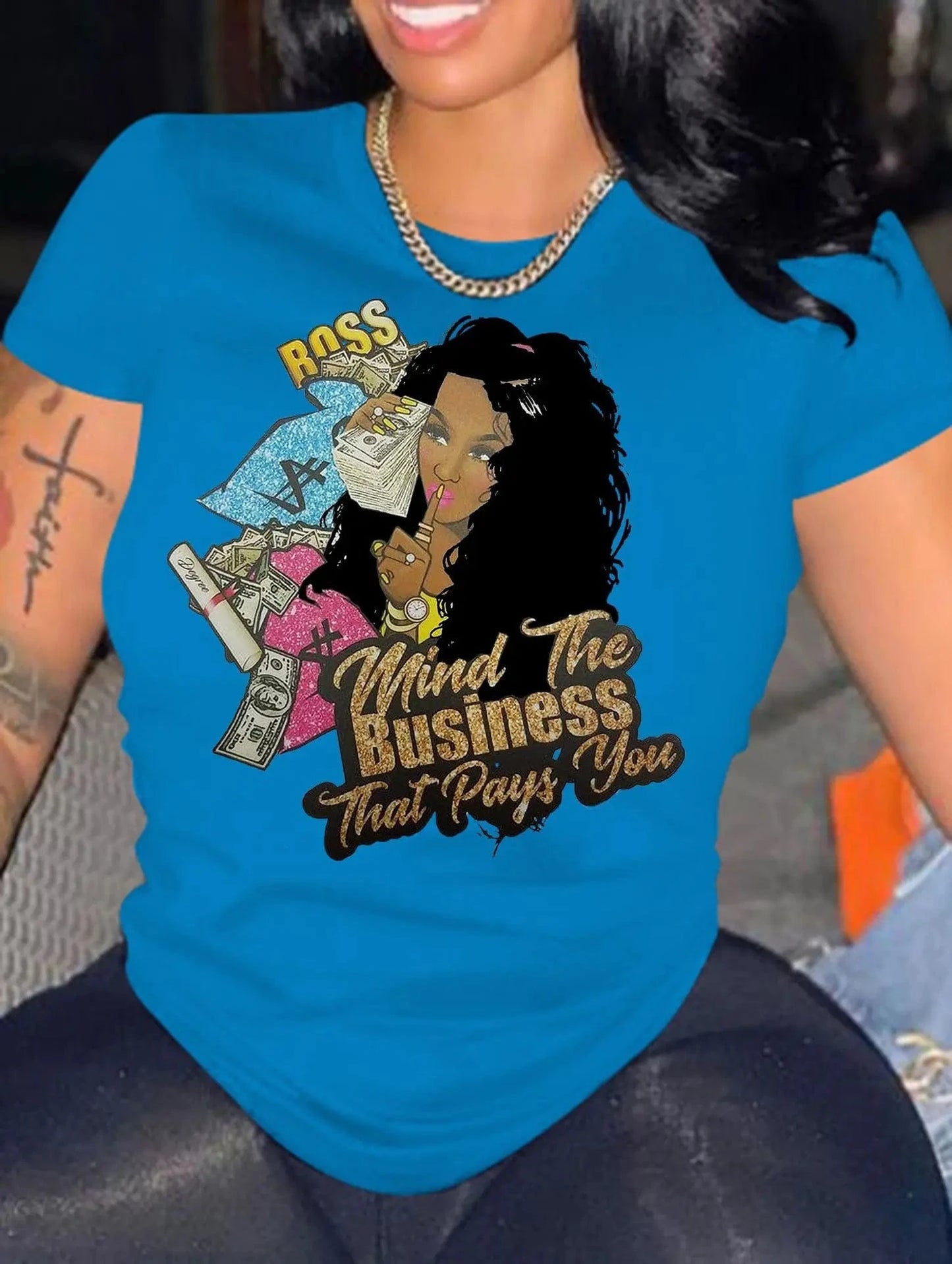 S / Blue(girl printed) Summer 100%cotton Short Sleeve Printed T shirt Girl Graphic Letters Print Women Tops