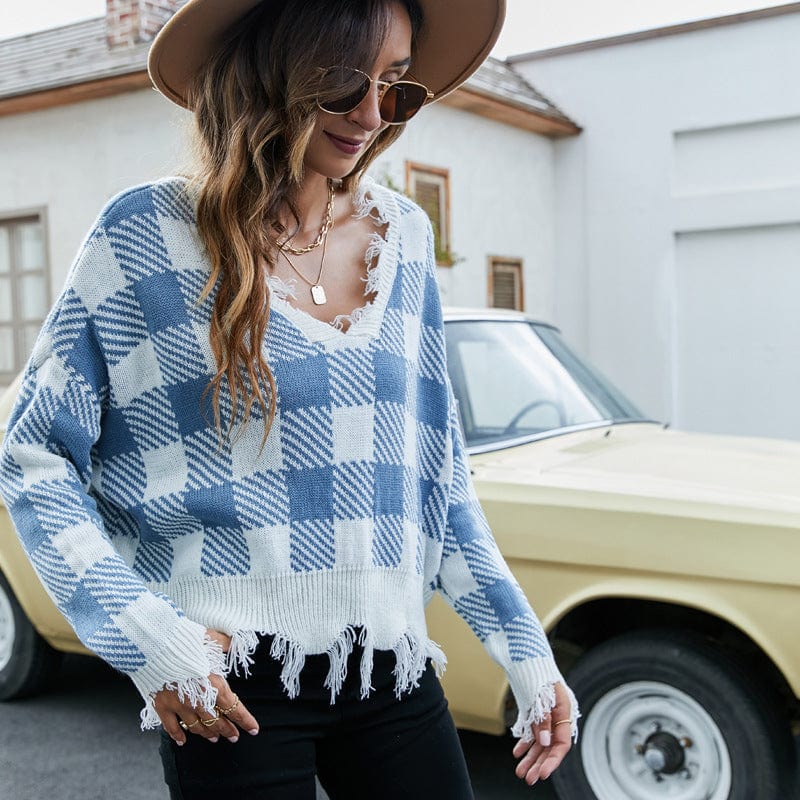 S / Blue Hot 2022 Sexy Off-The-Shoulder V-Neck Knitted Top Ripped Plaid Loose Sweater
