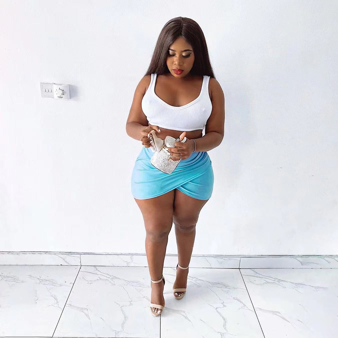 S / Blue J&H 2023 new arrivals white ribbed tank top and sexy mini skirts 2 piece set women slim fit summer skirts outfits club wear