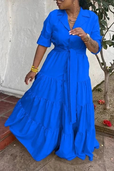 S / Blue J&H  New Chic 2024 Spring Loose half Sleeve Ladies Ruffled Wrap Casual Sweet Shirt dress Women Elegant Maxi Ruffle Dress