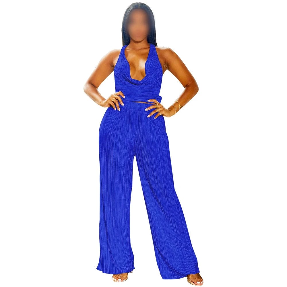 S / Blue K10680 Two-piece Set Hanging Neck Solid Color Sleeveless Sexy Pleated Lace-up Crop Backless Top And Solid Color Loose Pants
