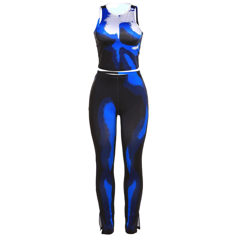 S / Blue Kliou K22S23753 Casual fashion new women's suit Sleeveless O-neck Vest + High Waist Skinny Pants 3D Body Print 2 Piece set women