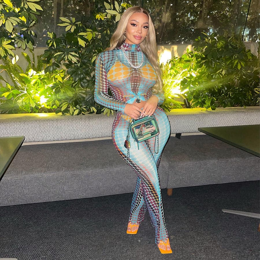S / Blue Kliou K22S24250 Fashion Street women's suit Long Sleeve Skinny Tops+ High Waist Straight Pants Mesh Dot Print2 Piece set women