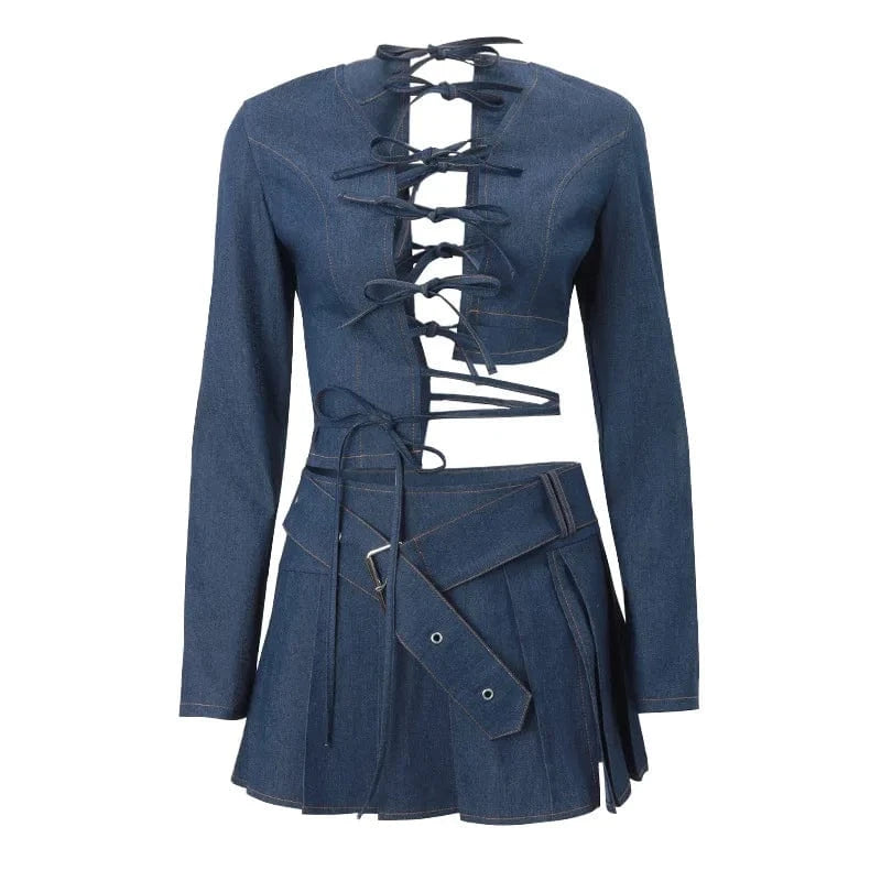 S / Blue New Arrival Sexy Long Sleeve Bandage Hollow Out Crop Top Mini Pleated Skirt Denim Set Women Two Piece