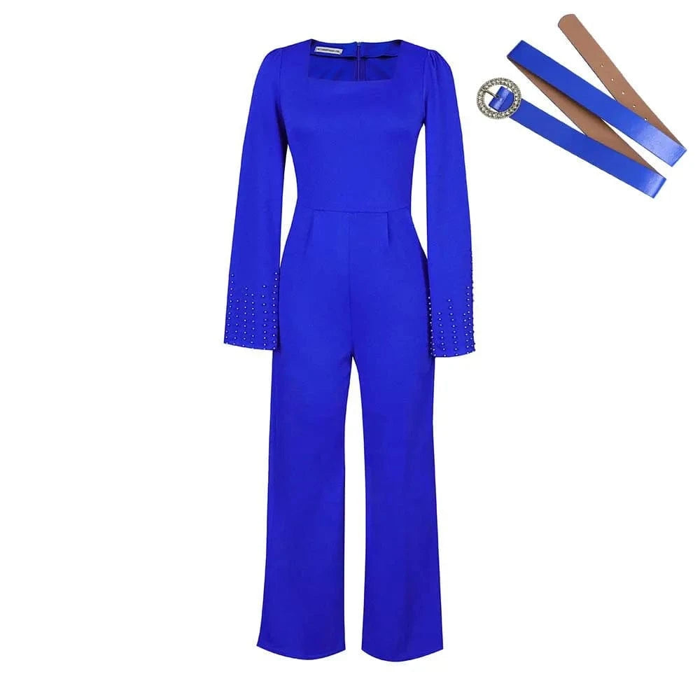 S / Blue New Arrival Solid Wide-leg Beaded Cape Casual Temperament Women Jumpsuits