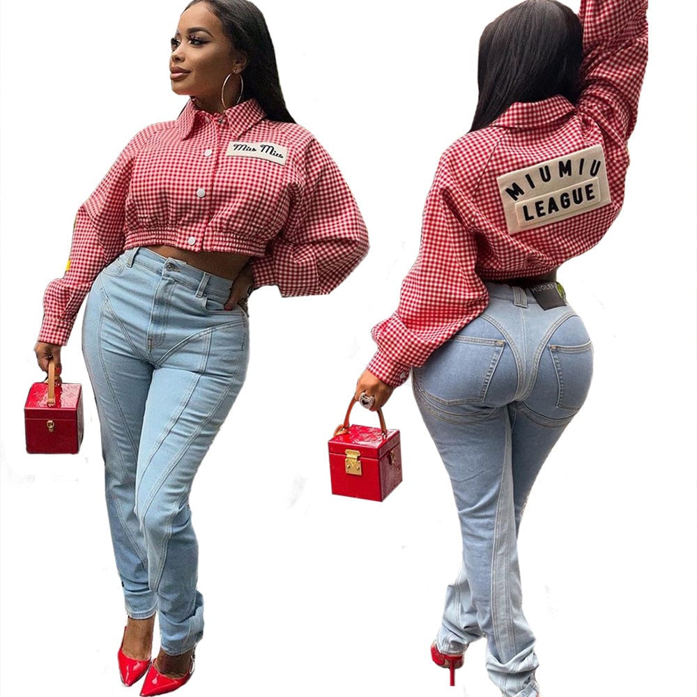 S / Blue New Design Washed Light Blue Patchwork Skinny Streetwear Fall Denim Pant Women Ladies Jeans