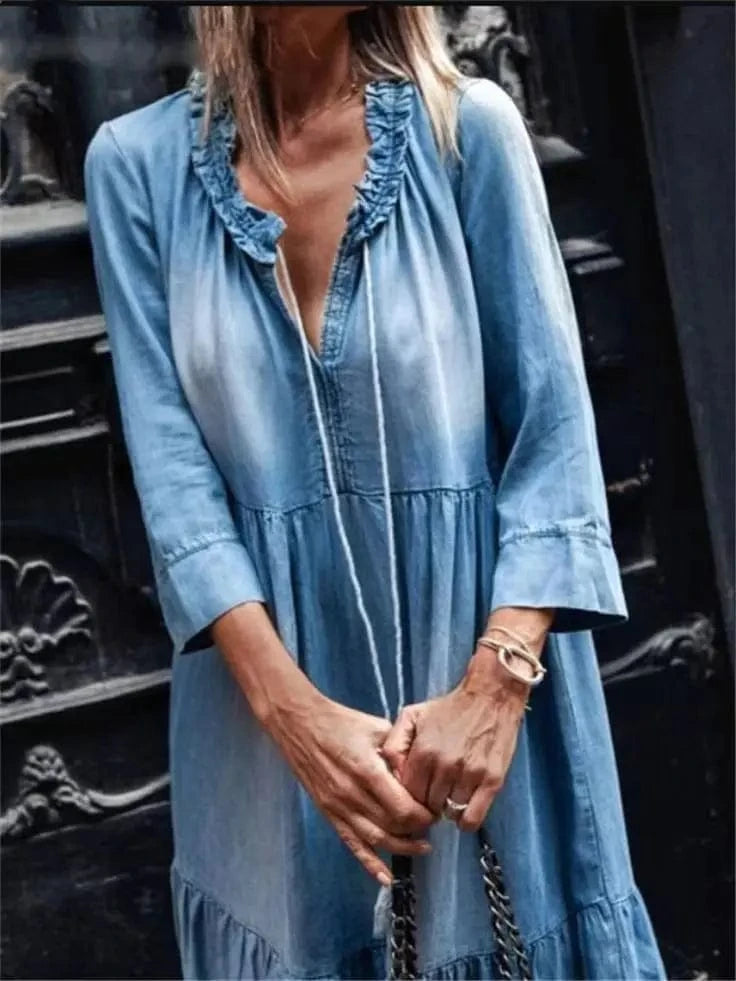 S / Blue New Hot Selling Wholesale Solid Color V-Neck Drawstring Denim Big Swing Medium Long sleeved Jeans Dress