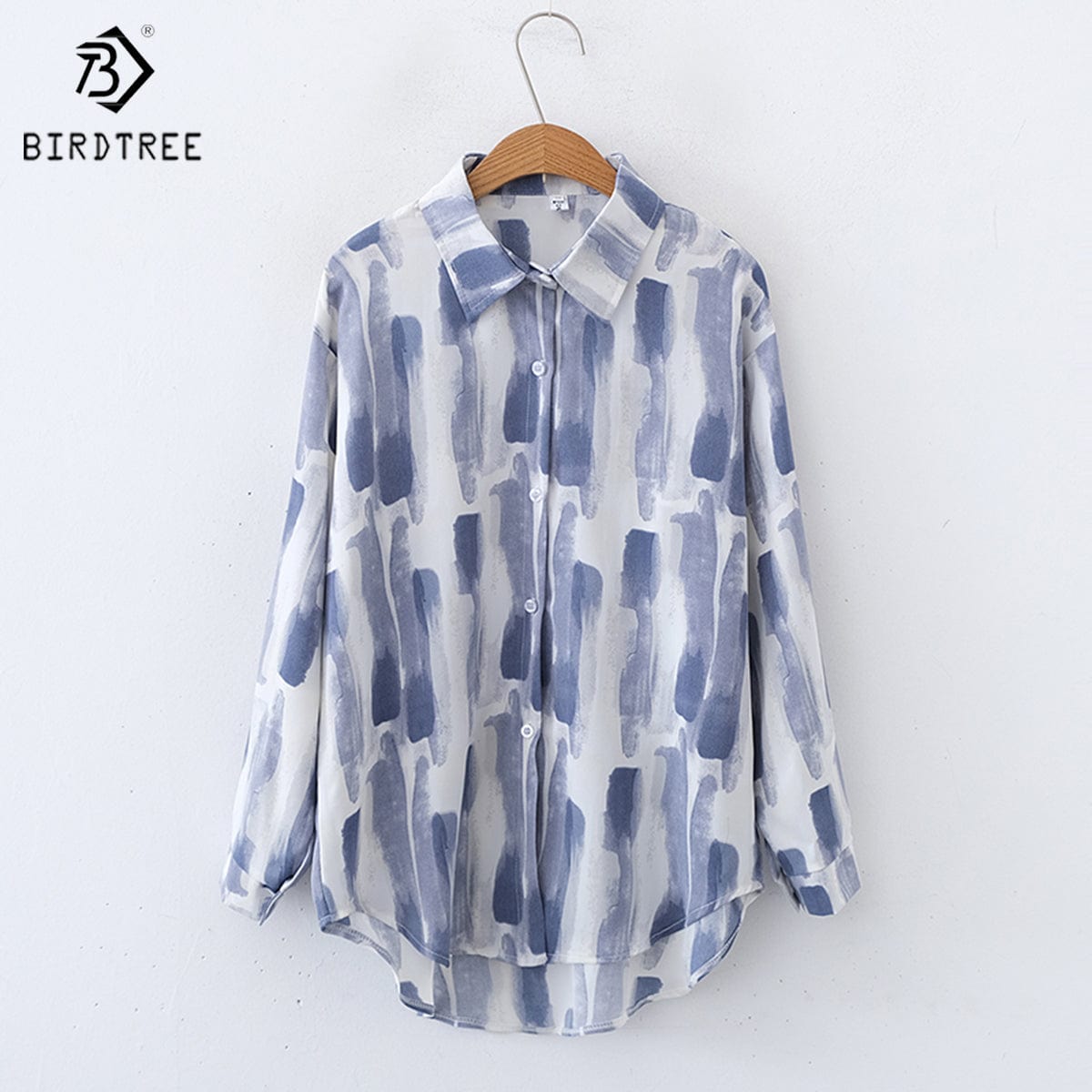 S / Blue New Spring Women's Oversize Chiffon Shirts Spring Tropical Printing Tops Workwear Loose Casual Shirt Autumn Wholesale T33411X