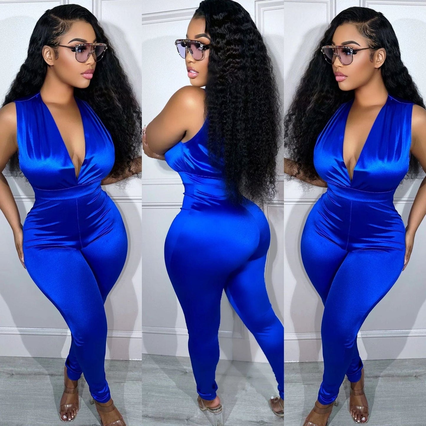 S / Blue New Summer 2023 women jumpsuit deep v-neck high waist sleeveless sexy jumpsuit for women solid color elegant women clothing