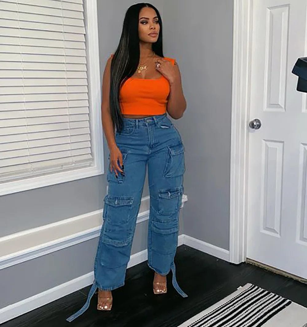 S / Blue New Women's Loose Hip Hop High-waisted Multi-pocket Washed Casual Cargo Jean Pants