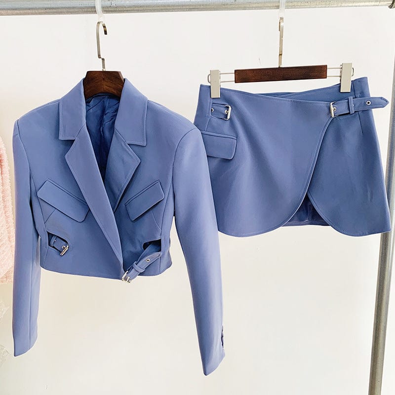 S / Blue Newest high quality irregular mini skirt sets women 2 piece outfits fall fashion sexy cropped blazer skirt set