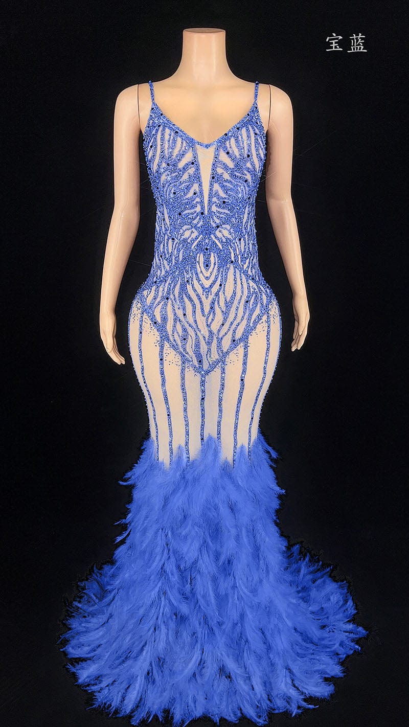 S / Blue NOVANCE evening dresses 2023 ball gown shiny diamonds gray feather dress with feathers vestidos elegantes para mujer for evening