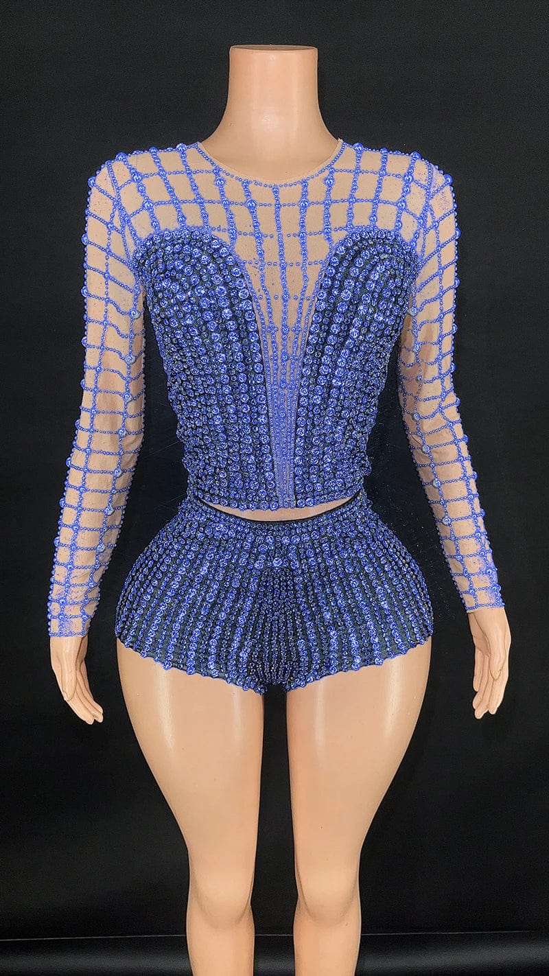 S / Blue Novance Y3423 New Fashion Clothes for Women  Sexy Bodycon Lady Elegant Party Evening Women's Long Sleeve Tops with Crystal Beads