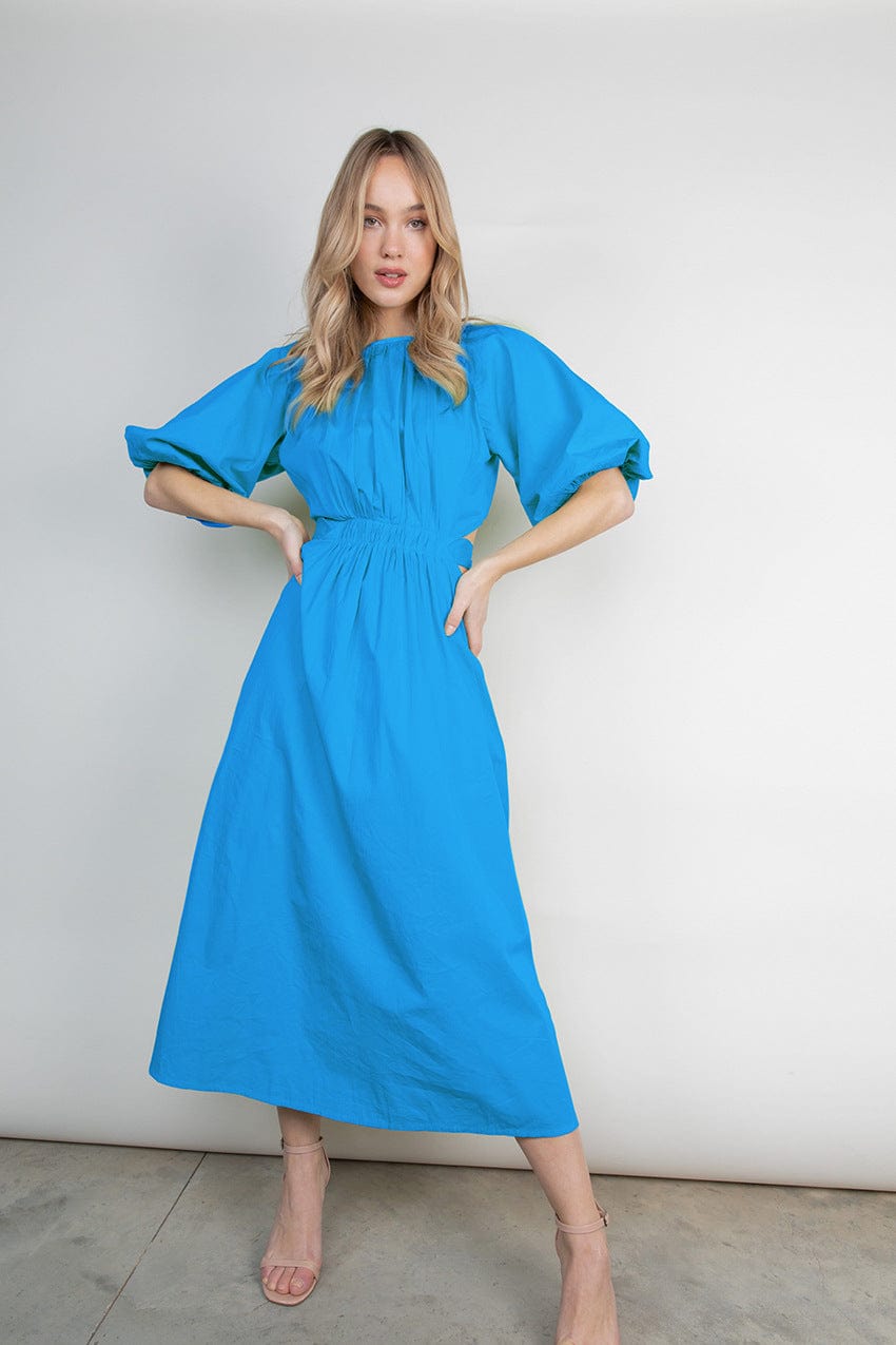S / Blue OUDINA Fashionable Loose Lace-up Hollow Puff Sleeve Cotton Pleated Long Womens Casual Dresses