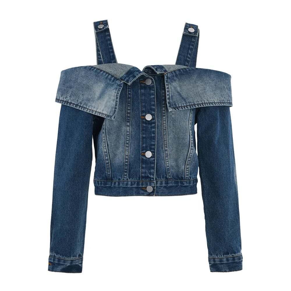 S / Blue OUDINA Hong Kong Style Retro One-shoulder Crop Top Denim Jean Jacket For Women New Off Shoulder Denim Top