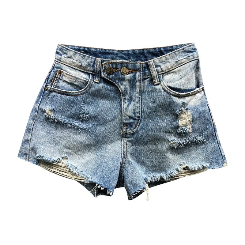 S / Blue OUDINA Korean Ripped Denim Shorts For Women Bale Casual Slim Hot Pants Women Hole Denim Shorts