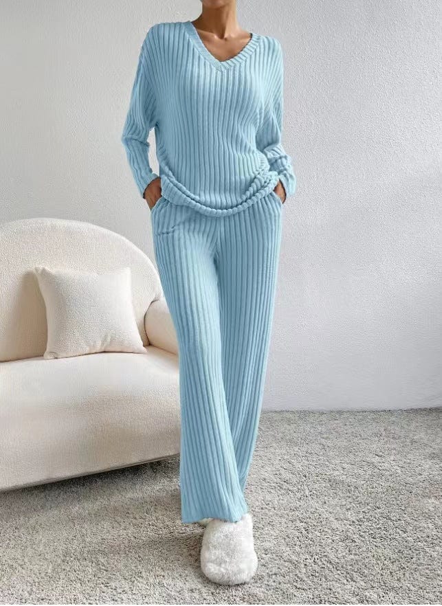 S / Blue PDEP autumn and winter new two piece set casual straight wide leg pant and long sleeve top lounge wear pajamas sets for women