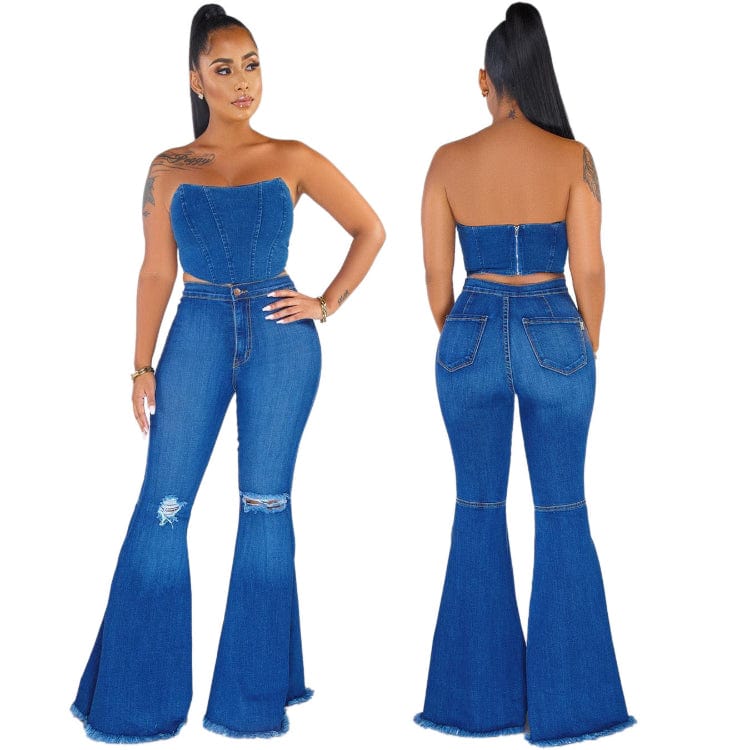 S / Blue Plus Size Jeans Woman High Waist 2023 New Denim Trousers Water Wash Versatile Women's Denim Flare Pants Lady Bell Bottom Jeans