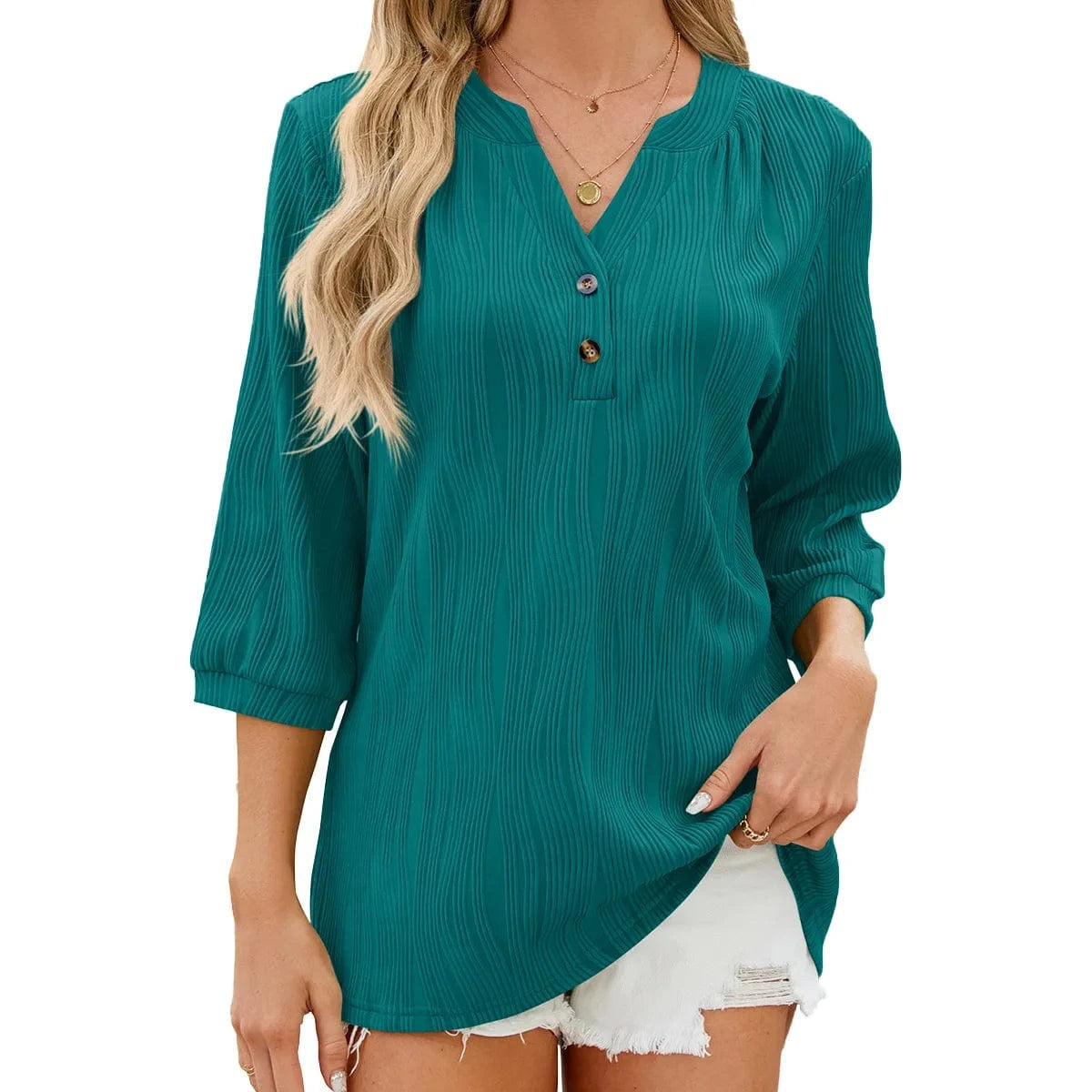 S / Blue / Polyester / Cotton 2024 Spring and Summer Casual New Fashion New Solid Color V-neck Loose Button Middle Sleeve T-shirt Women's Top