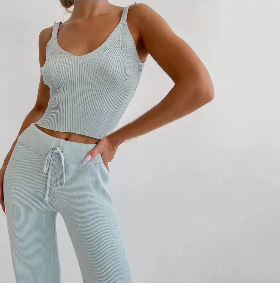 S / Blue R30385S 2022 Summer Casual Knit Suit Sexy Sling Sleeveless Short Tank Top Sweater suit High Waist Straight Pants 2 Piece Set