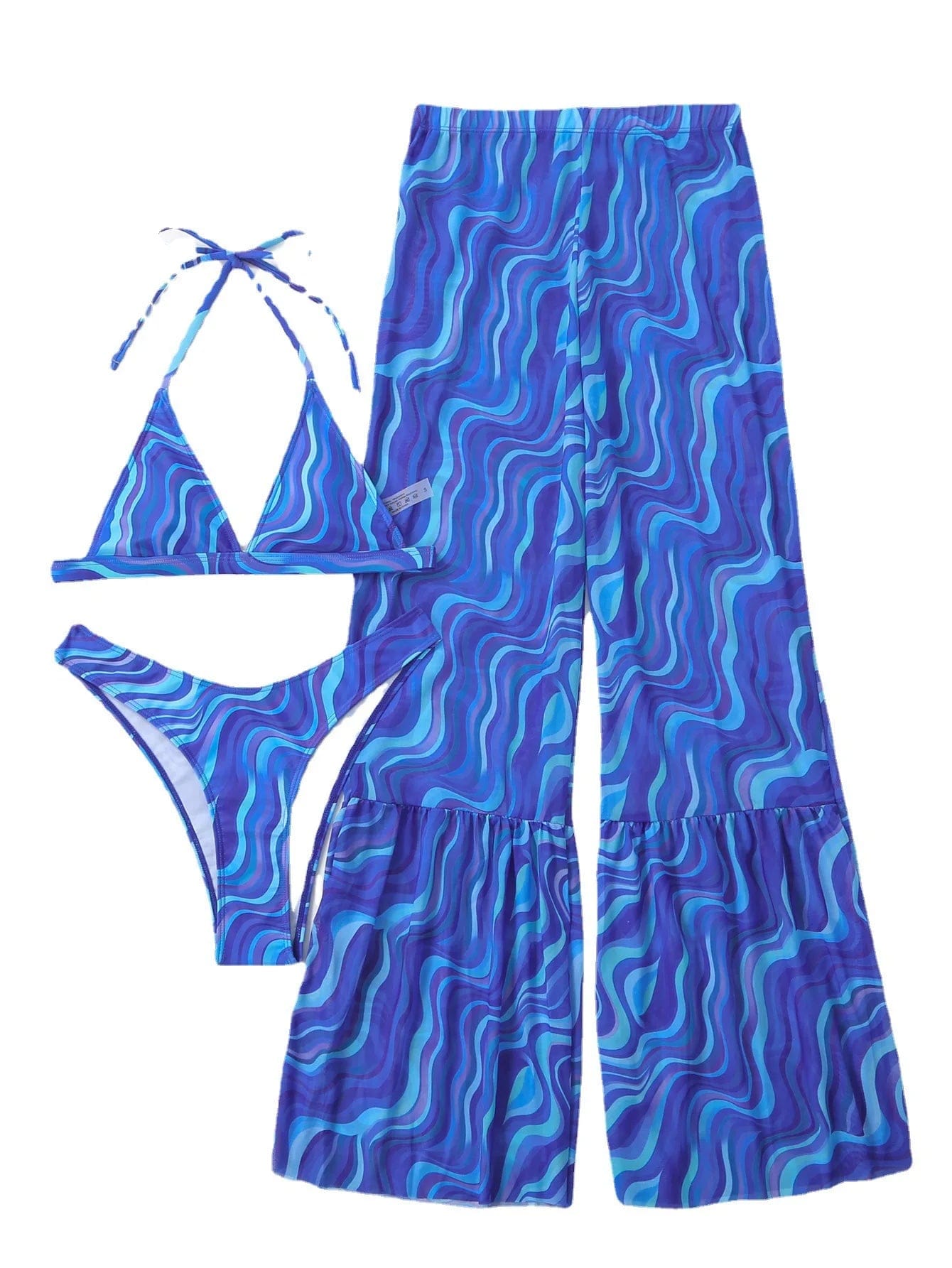 S / Blue S-XL Bikini Swimsuit Wave printed swimsuit Women's Split Mesh Pants Bikini Set