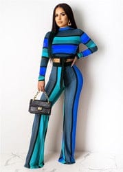 S / Blue S3849 Fashion long sleeve t shirt wide leg pants color stripe printing two piece set for woman