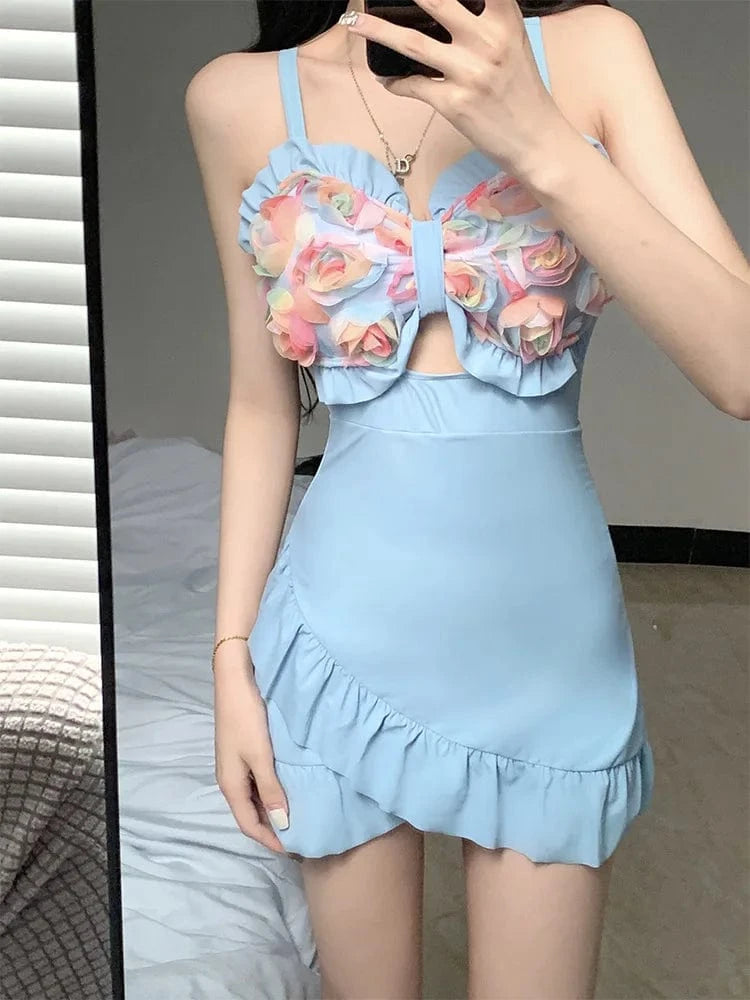 S / Blue Sexy Solid Slimming  Effect Floral Bud One-Piece Swimsuit with Conservative Skirt Design swimsuit skirt