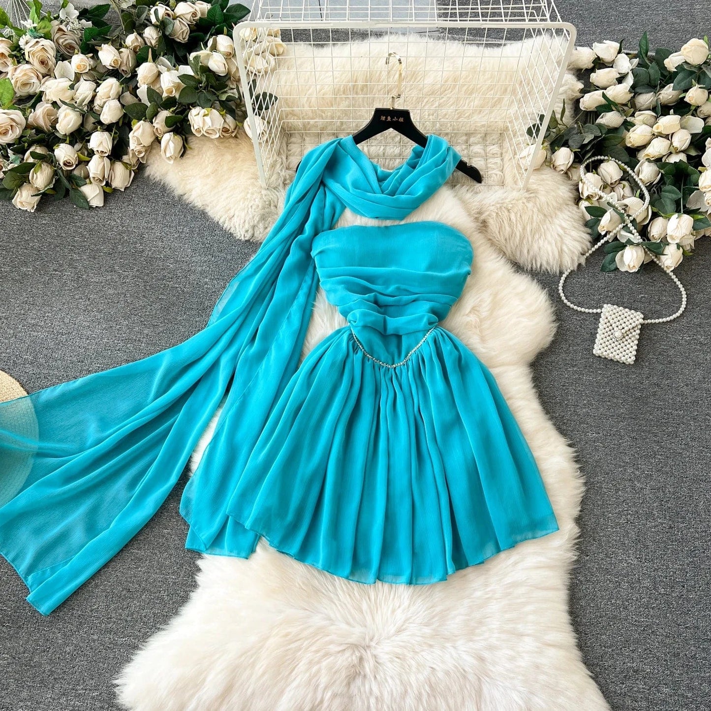 S / Blue Sexy Strapless Pleated Midi Dress For Women Sleeveless Empire Lace Vestidos Ladies Elegant Dresses Clothes Women