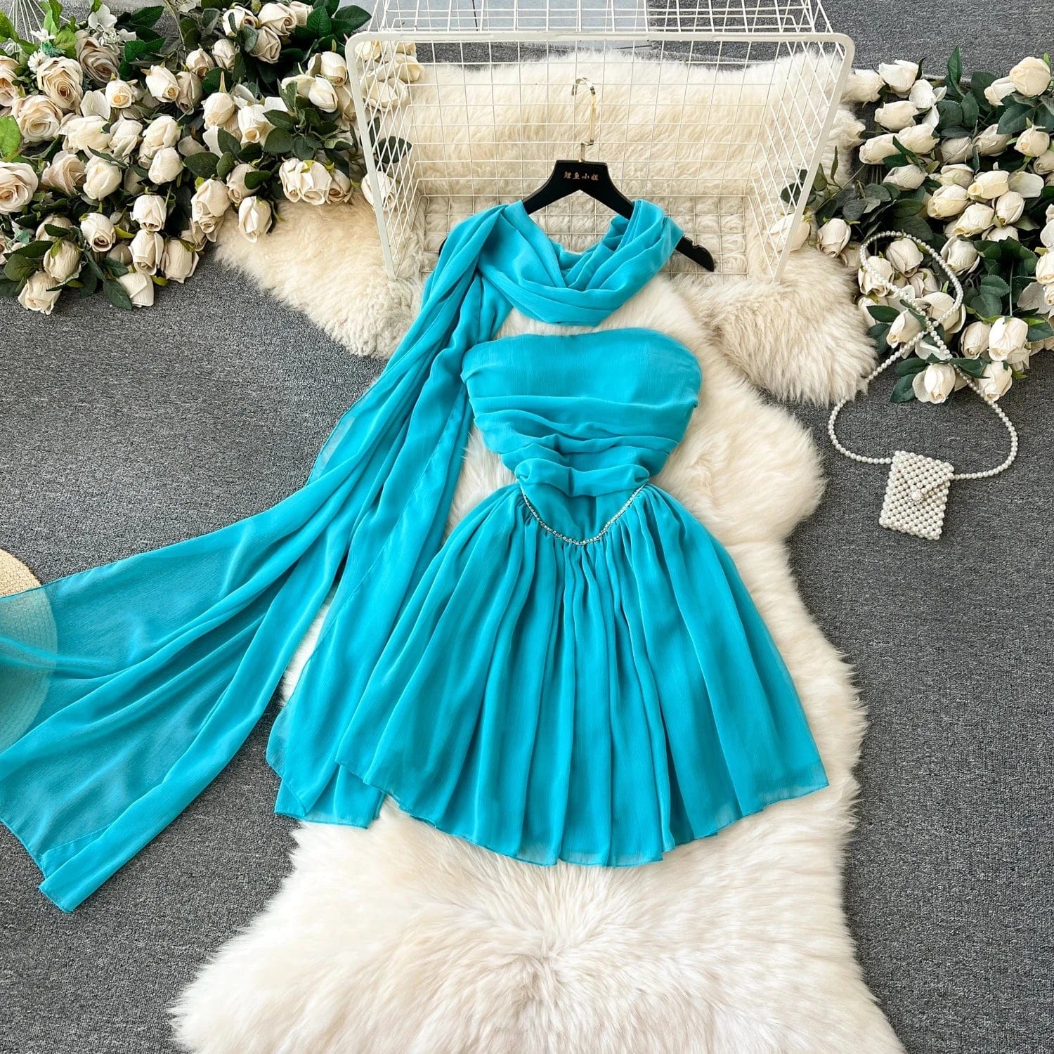 S / Blue Sexy Strapless Pleated Midi Dress For Women Sleeveless Empire Lace Vestidos Ladies Elegant Dresses Clothes Women