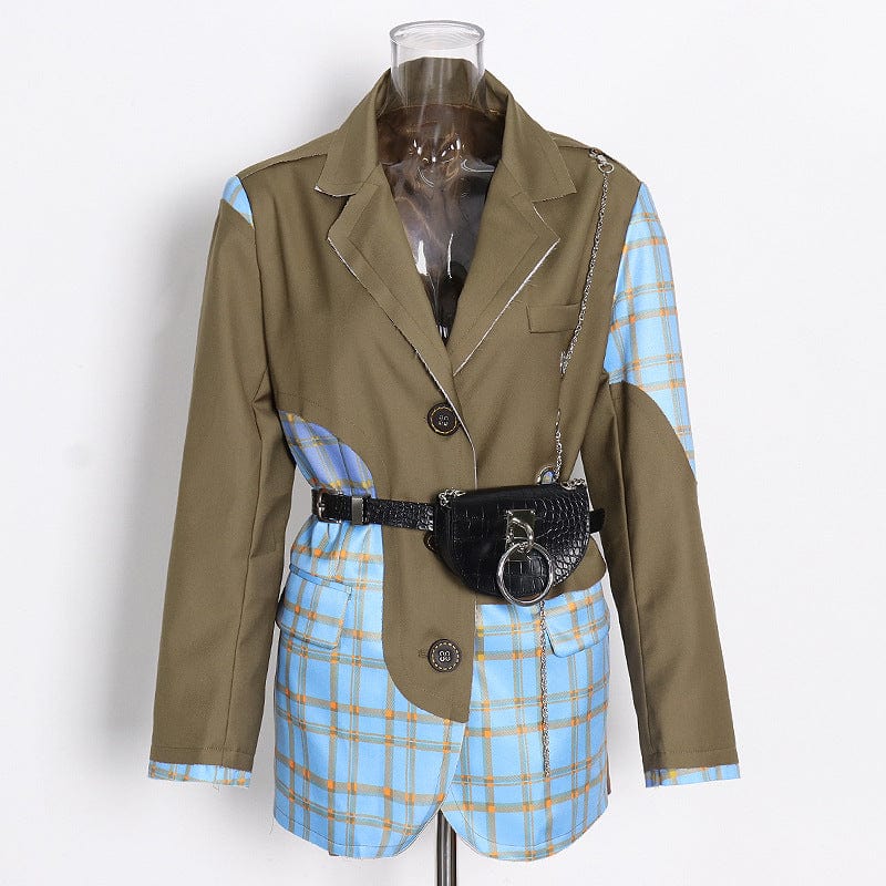 S / Blue Spring new Korean casual small suit jacket splicing plaid fashion personality trend show thin female jacket
