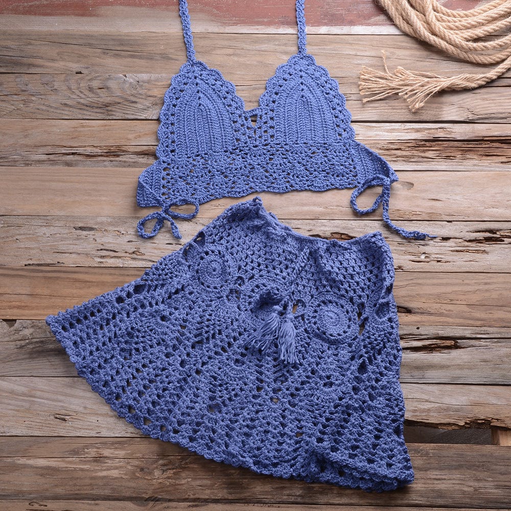 S / Blue STYZ-6905+5909  Eco friendly swimwear women's crochet swimwear hand knit sexy split bikini suit ladies beachwear