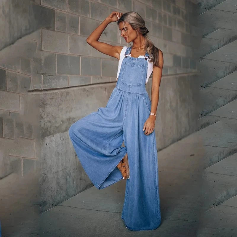 S / Blue Summer New Wholesale Hot Selling Women's Loose Side Pockets Fashionable Sleeveless Denim Strap Pants