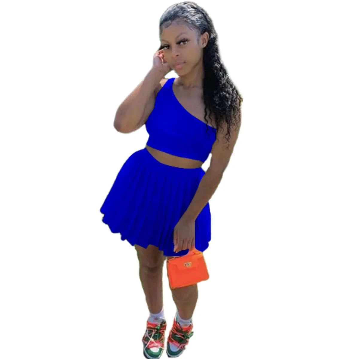 S / Blue Summer Two Piece Skirt Set Women Clothing Tracksuit One Shoulder Top Pleated Skirt 2 Piece Tennis Skirt Outfits