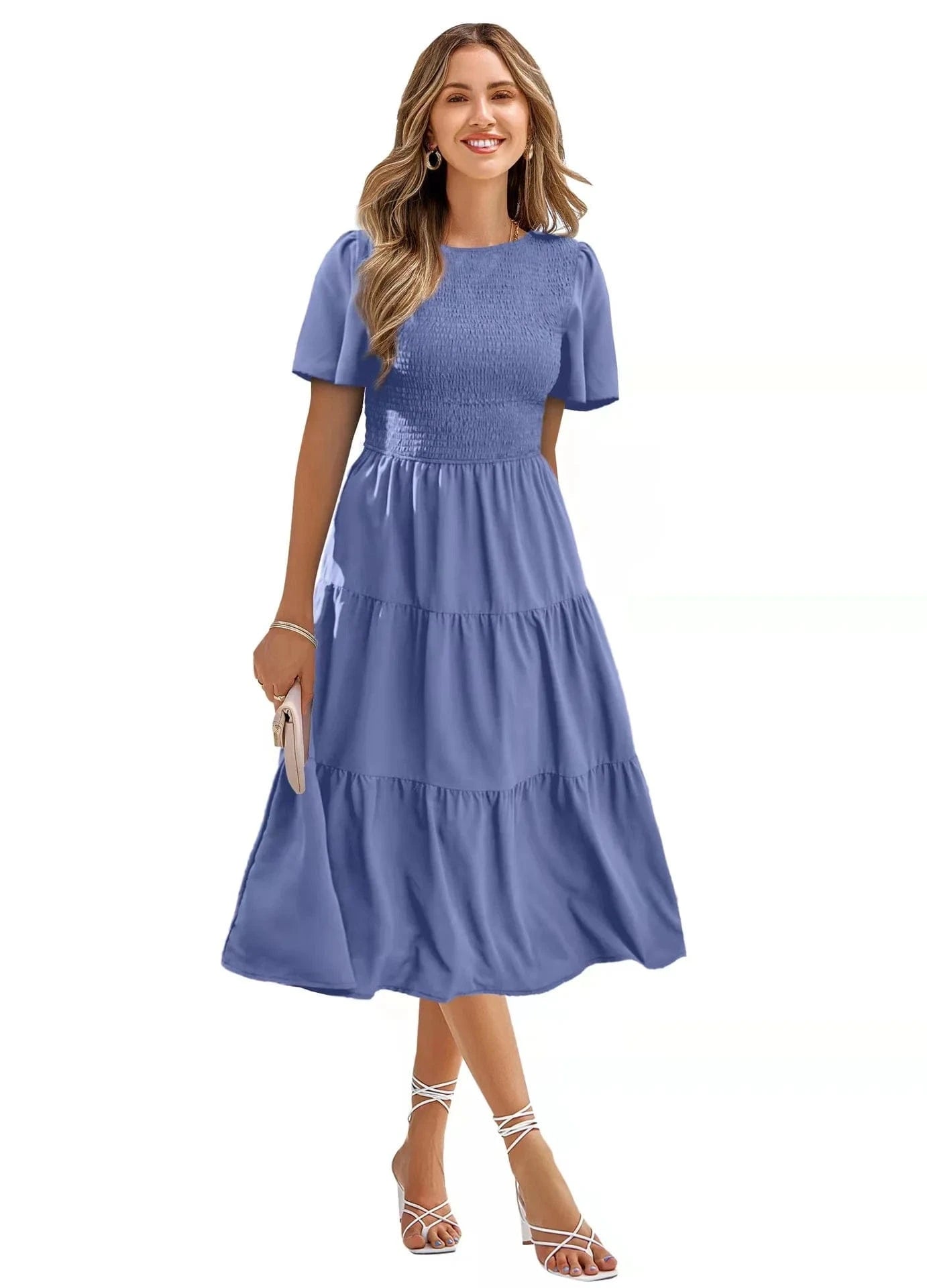 S / Blue Summer Wholesale Lady Elegant Casual Long Dresses Short Sleeve Round Collar Women's Beach Holiday Dress