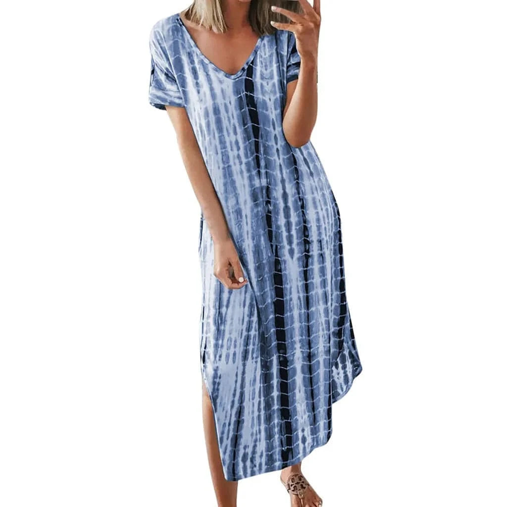 S / Blue Summer Women Dresses Tie Dye Print Side Split Loose Long Dress Curved Hem V Neck Short Sleeve Maxi Dress EQ1069