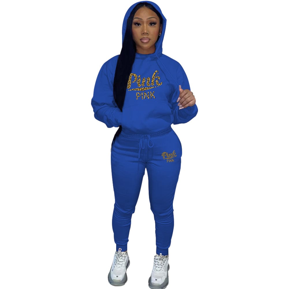 S / Blue Trendy Women Clothes Casual Pocketed Printed Drawstring Hooded Collar Long Sleeve Two Pieces