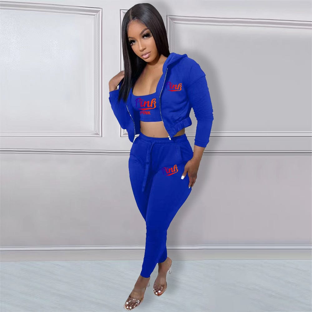 S / Blue Trendy Women Clothes Casual Print Gradient Patchwork Sweatsuit Hooded Collar Long Sleeve Three Pieces