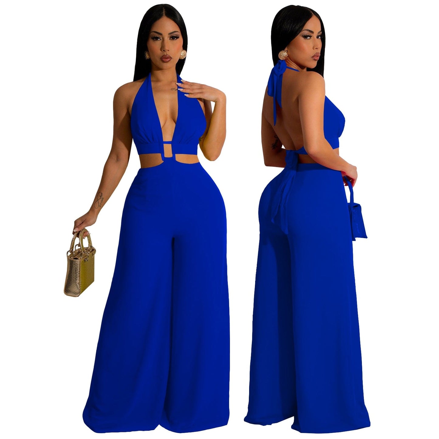 S / Blue Trendy Women Clothes Solid Color Bandage Halter Backless Wide-leg Jumpsuit
